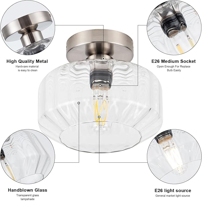Brushed Nickel Semi Flush Mount Ceiling Light Fixture with Textured Glass & Included 1200 Lumens LED Bulbs, Modern Hallway & Bathroom Light for Entryway, Kitchen, Laundry Room