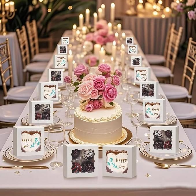 RomanticBaking 3.2" x 3.2" x 1.5" 100PCS Cookies, Soap, Chocolate Truffle, Donut, Macaron, Mini Bakery Boxes with Window