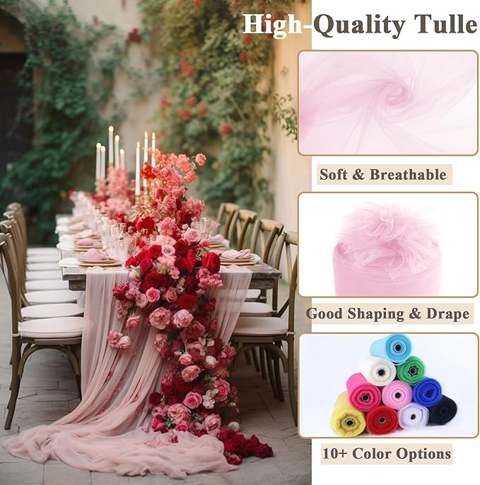 Soft Pink Tulle Fabric Rolls 54 Inch x 40 Yards Large Mesh Tull Bolt for Wedding, Garden Netting, Tutu Skirt, Party Decoration and Craft Supplies