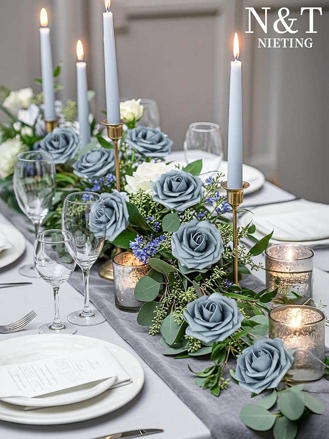 N&T NIETING Artificial Flowers, 50pcs Foam Roses Fake Flowers DIY Wedding Party Cake Decoration, Home Display, Dusty Blue Gray