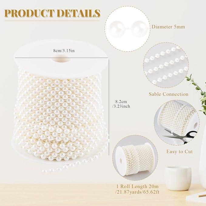 5mm Pearl Beads 66 Feet Pearls String Garland Roll Strand Artificial Beads Chain for Wedding Centerpiece Backdrop Christmas Tree Decoration DIY, Ivory