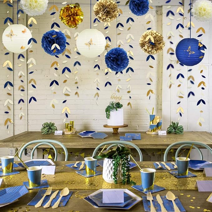 Navy Blue and Gold Party Decoration Kit Lanterns Flowers Pom Pom with Champagne Gold 3D Butterfly Stickers and Leaf Garland Streamers for Birthday Engagement Wedding Bridal Shower Bachelorette Party