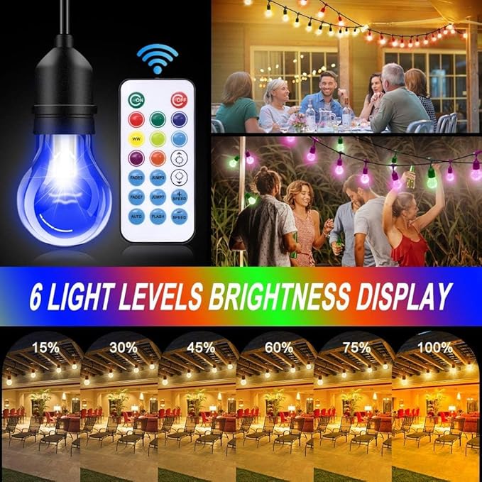 35FT Outdoor String Lights, 16 Shatterproof Edison Bulbs, Dimmable RGB Color Changing Patio Lights with Remote. Solar-Powered & Waterproof for Garden Commercial LED Decorative Lighting.