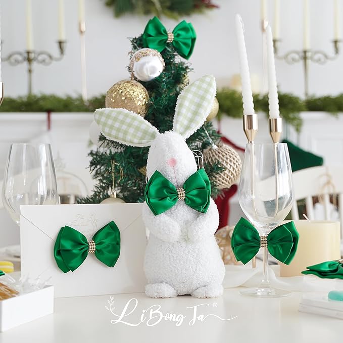 Hunter Green Ribbon Bows 4'' Premade Satin Bow, Gift Bows with Rhinestone, Wrapping Bows for Presents, Greeting Cards, Treat Bags, Wine Bottles, Valentines Bows for Gift Wrapping-12 Counts