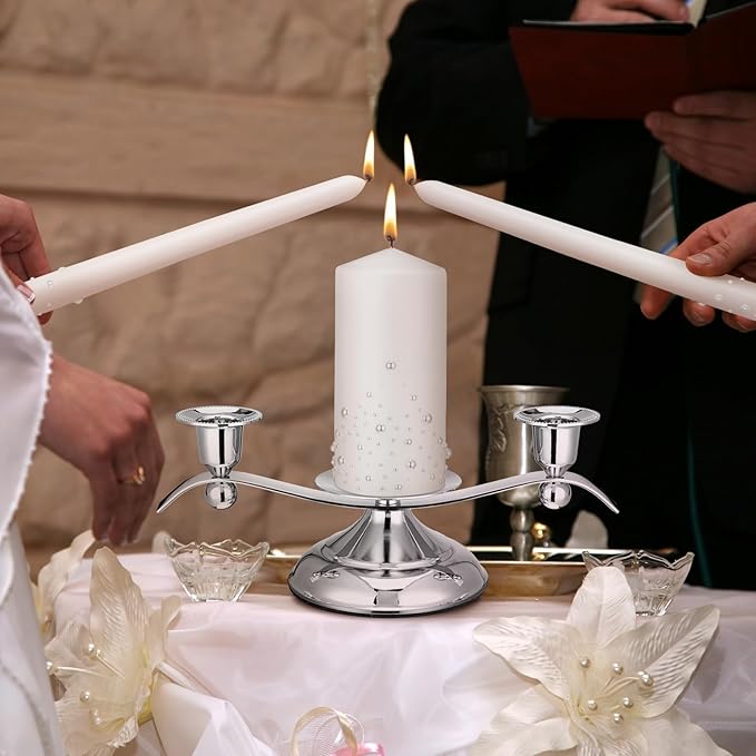 Irenare Unity Candles with Holder for Wedding Ceremony Wedding Decortions Accessories Glass Candle Holder Pillar Candle for Formal Events Church(Pearl)
