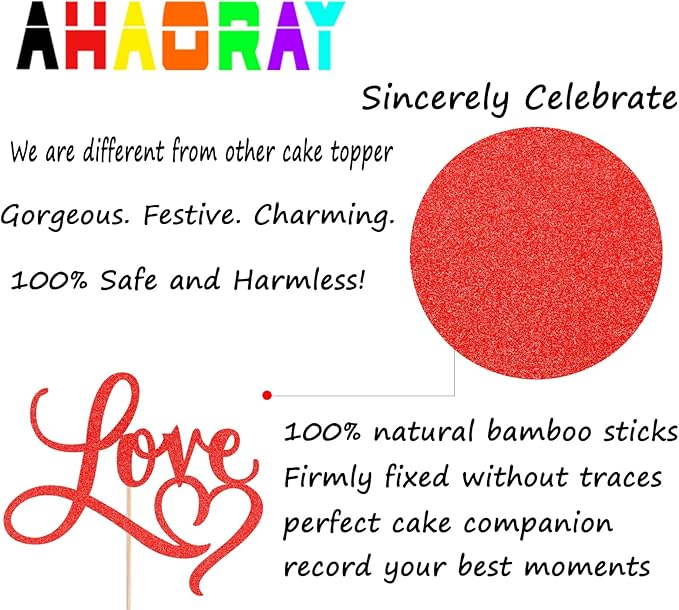 Love Cake Topper - Red Glitter Paper Wedding Cake Decoration Supplies, Perfect for Bridal Shower/Engagement/Anniversary/Birthday Party