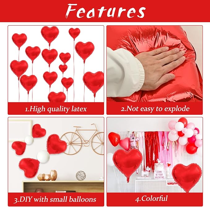 Biapian Foil Heart Balloons Red, 10PCS Red Heart Shape Balloons, Valentines Balloons 18inch Red Foil Balloons for Helium Valentine Decorations for Valentines Day, Wedding, Anniversary Decoration