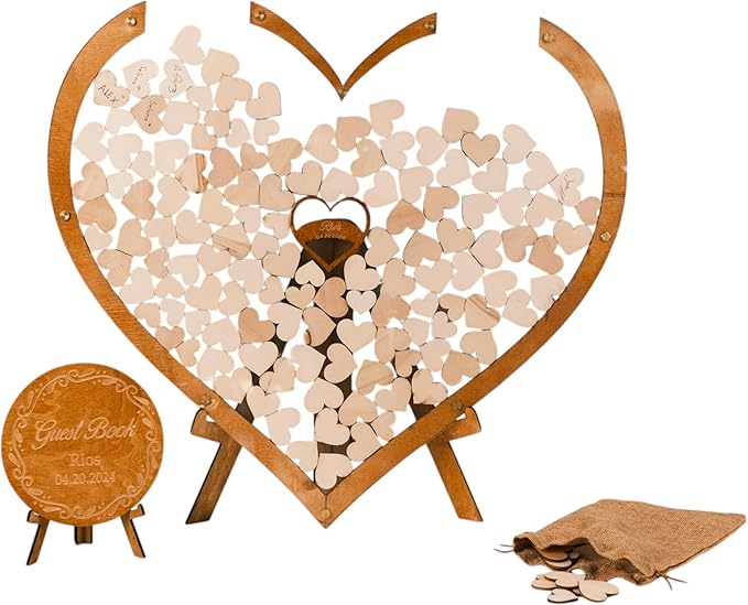 Personalized Wooden Wedding Guest Book Alternative – Rustic Heart Round or Rectangle Shape with Acrylic Display – Custom Gift for Couples