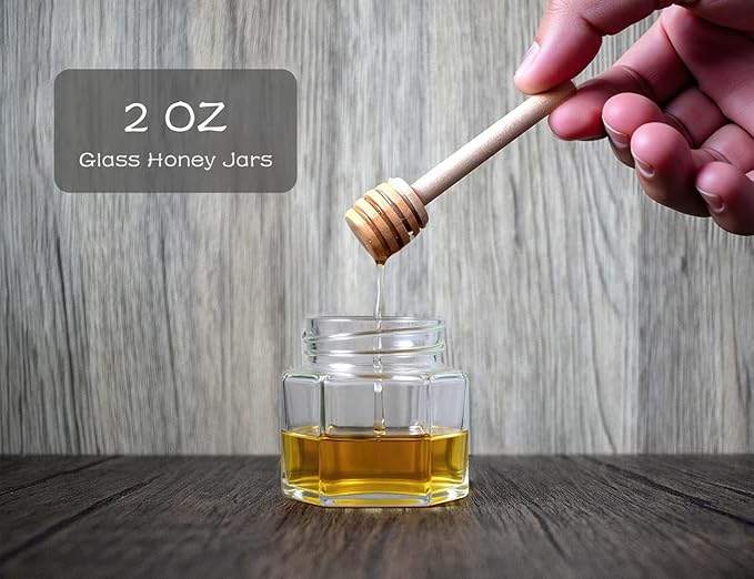 Adabocute Honey Pot 2oz, Mini Glass Honey Jars with Wood Dipper, Gold Lid, Bee Pendants, Beige Gift Bags, Thank-you Tags, Ideal for Baby Showers Favors Wedding Favors, 15 Pack