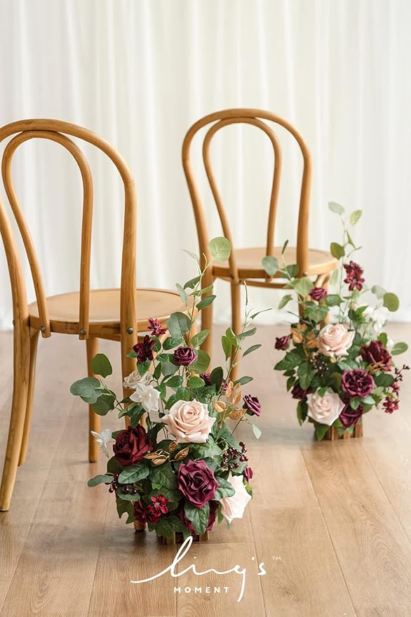 Ling's moment 17.5" Tall Standing Artificial Flowers Arrangements 4 pcs Fall Wedding Aisle Runner Chair Decorations Marsala & Blush Centerpieces for Ceremony Reception Rose Floral Party Outdoor