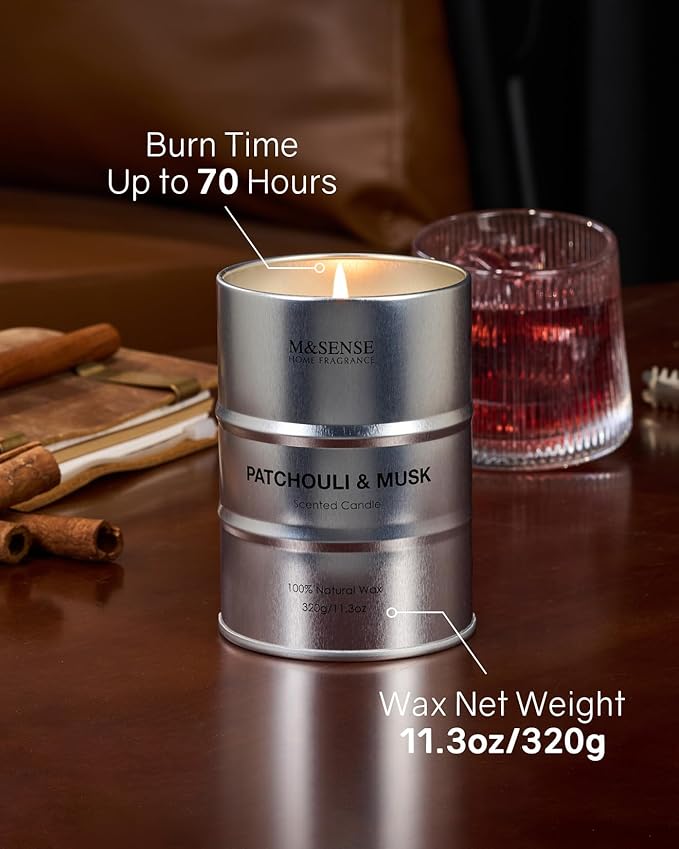 M&SENSE Scented Candle, Patchouli Musk Candle Gifts for Men, 70 Hours Slow Burning Natural Soy Candles11.3 oz, Stress Relief Luxury Aromatherapy Candles Home Decor, Valentines Day Gifts for Him