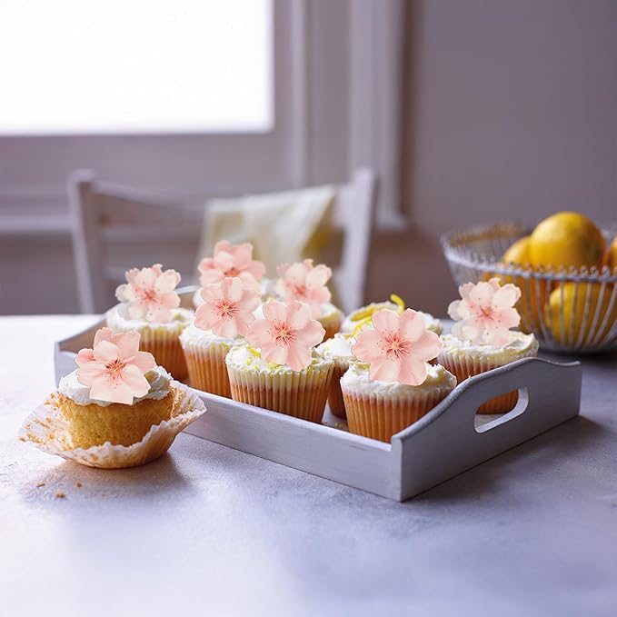 Ephlyn 54Pcs Edible Cherry blossom Cupcake Toppers Spring Bridal Engagement Baby Shower Birthday Party Cupcake Picks Anniversary Party Decorations Supplies Pink