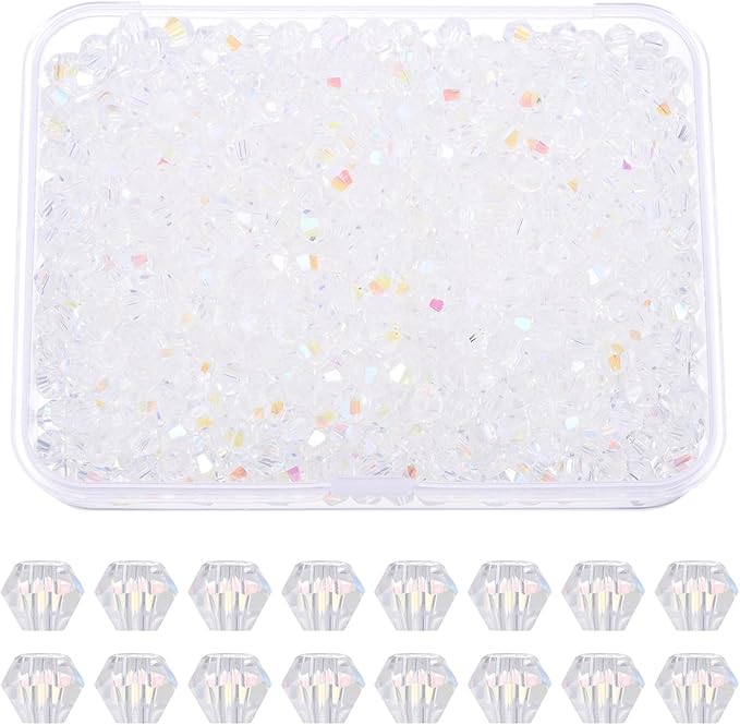 PATIKIL 1000pcs 4mm Bicone Glass Crystal Beads, Faceted Glass Spacer Beads with Box for Jewelry Making Bracelet Necklace Earrings DIY Suncatcher Craft, Colorful White AB