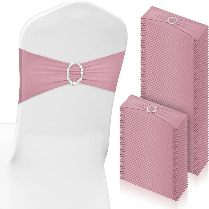 CHENGU 150 Pieces Spandex Stretch Chair Sashes Bows Elastic Chair Cover Bands Ties with Buckle Slider for Wedding Party Reception Events Universal Ceremony Banquet Decorations(Dusty Pink)