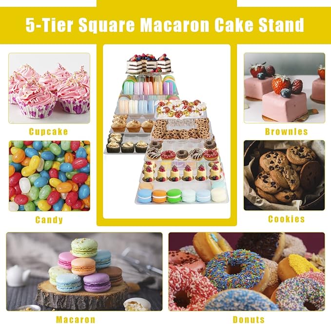 5 Tiers Square Macaron Tower Stand, Plastic Transparent Cake Stand Macaroon Display Rack Desserts Cupcake Holder Platter for Wedding, Birthday Party, Baby Shower, Party Decor