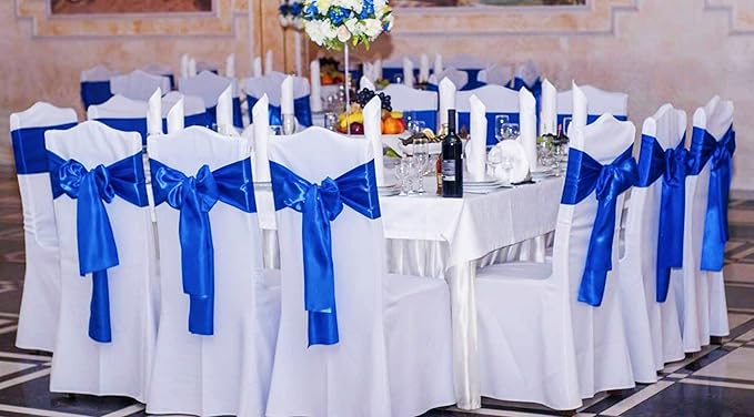 50 PCS Satin Chair Sashes Bows Decorative Universal Chair Cover Chair Ribbon Ties Back Sash for Wedding Birthday Party Ceremony Reception Hotel Events Banquet Restaurant Decor(7 x108 inch,Royal Blue)