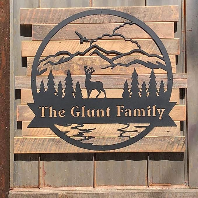 RealSteel Personalized Metal Wall Art - Circular Nature Scene with Mountains, Lake, Deer & Bird - Custom Name on Banner - Outdoor Landscape Decor for Home & Gifts - Gold, 36"