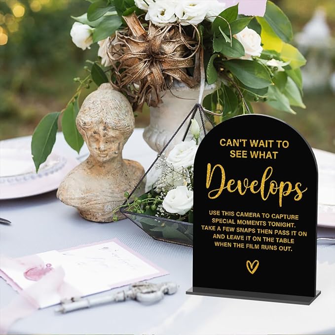 Acrylic Wedding Sign, Bridal Shower Decorations, Can't Wait to See What Develops Sign for Ceremony, Modern Font Table Signs, Acrylic Table Top Signs for Wedding Reception (Black Gold)