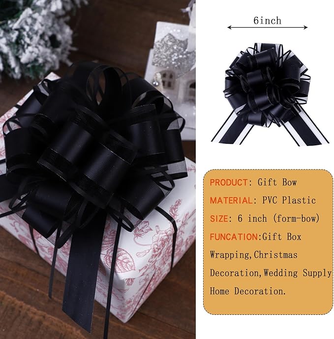 6Pcs 6inch Pull Bow Gift Wrapping,Pull Bow For Gift Basket, Gift Bag Box Wrapping Decor, Valentines Day, Birthday, Anniversary, Wedding, Flower Packaging (Black)