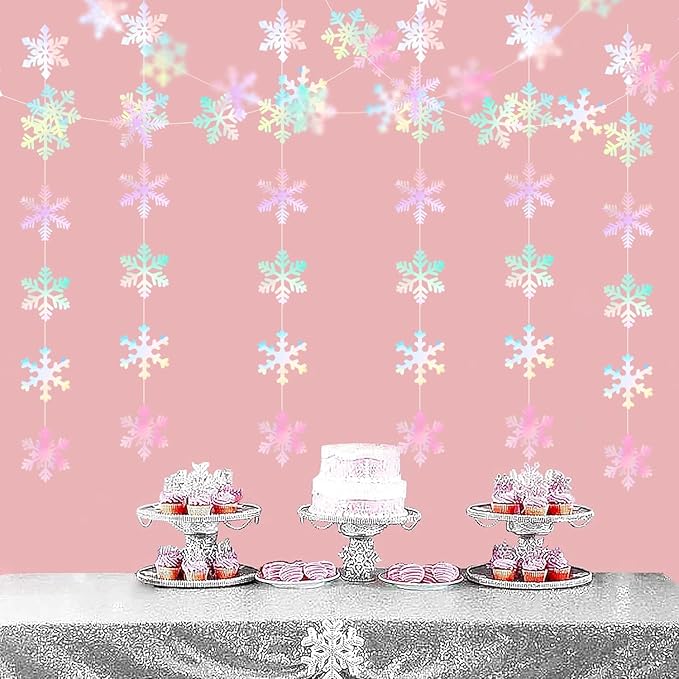 Iridescent-Holographic Snowflake-Snow Christmas Party-Decorations Garland - 6pcs Winter Girl Frozen Birthday New Year Hanging Decoration Streamers Banner, Wonderland Party Supplies Decor Panduola