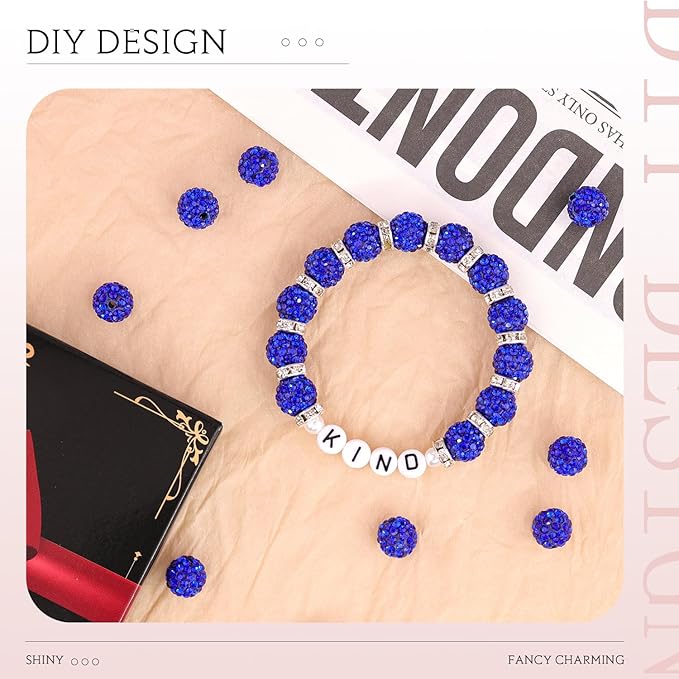 150 pcs 10mm Rhinestone Beads for Jewelry Making, Dark Blue Shiny Round Shamballa Disco Beads Bulk, Sparkle Crystal Clay Christmas for Bracelet Baseball Necklace Earring Crafting and DIY