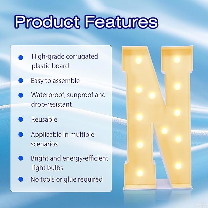 4FT Marquee Plastic Letters N - Light up Letters N Are Made from Corrugated Plastic Board - Quick Assembly Without Tools, Disassembled Components Can Be Used for Garage Sale Signs, Yard Sale Signs