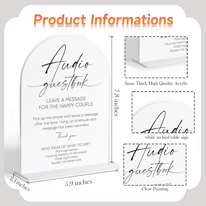 Audio Guest Book Sign, White Arch Acrylic Wedding Sign, Audio Guest Book Wedding Phone, Bridal Shower Decor, Engagement Party Decor, Centerpiece Table Decorations Party for Bride and Groom-19