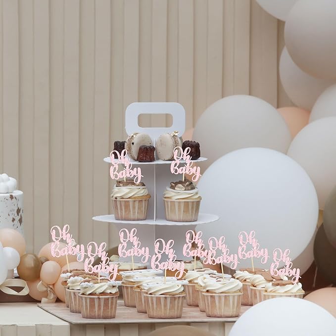 Gyufise 36Pcs Oh Baby Cupcake Toppers Glitter Baby Shower Cupcake Picks for Gender Reveal Baby Shower Kids Boys Girls Birthday Party Cake Decorations Supplies Light Pink