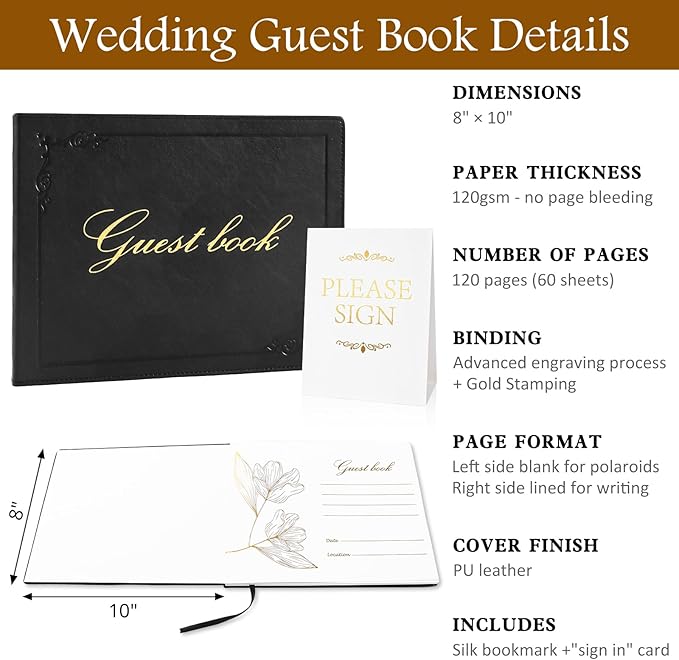 8x10 Leather Guest Book and Standup Sign Set, Gold Foiled Cover Registry Book for Wedding Reception, Retirement Party, Vacation Homes and Events, 120 Pages (Black)