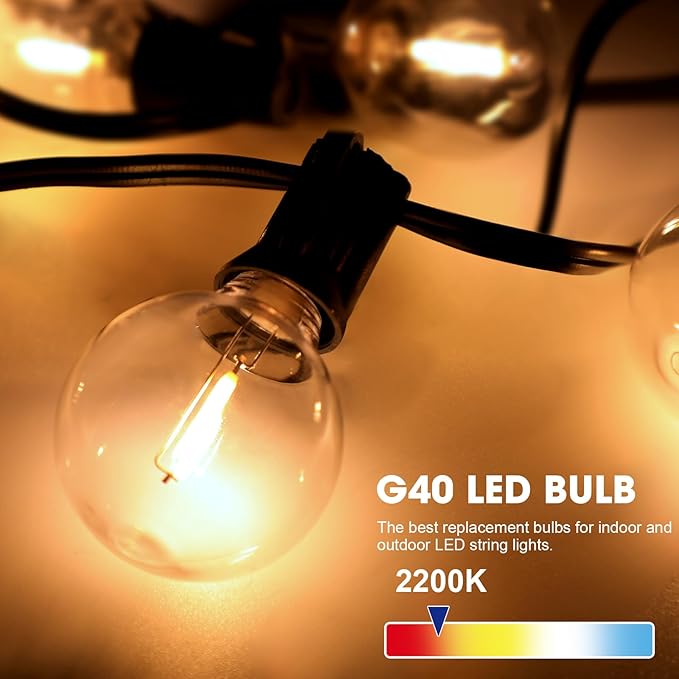 50 Pack G40 LED Replacement Bulbs for Outdoor String Lights, Dimmable, Warm White, E12 Screw Base, Waterproof LED Globe Bulbs Light for Indoor Outdoor Patio Cafe Decor
