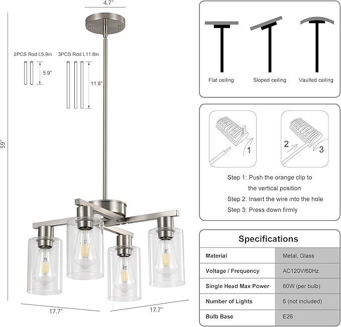 4-Light Modern Farmhouse Brushed Nickel Chandelier, Dining Room Light Fixture Over Table Adjustable Height Hanging Industrial Pendant Lights Kitchen Island, Clear Glass Shade