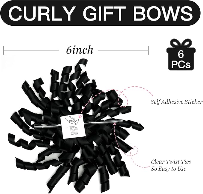 6 Inch Black Curly Bows for Gift Wrapping Set of 6, Self Adhesive Bows Black Gift Bows for Presents, Satin Ribbon Bows for Birthday, Wedding, Christmas, Bridal Shower, Gift Wrap Accessory