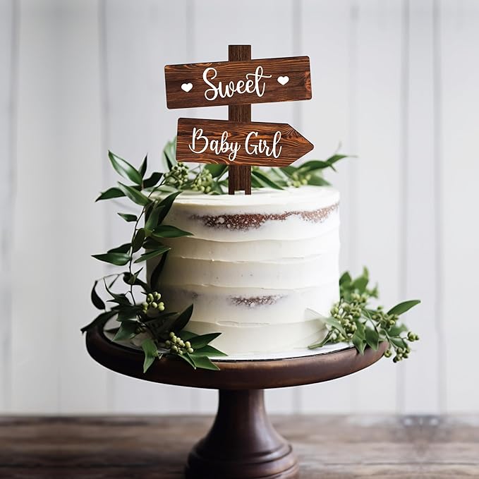 Rustic Sweet Baby Girl Cake Topper in Wood Baby Shower Gender Reveal Party Cake Decoration