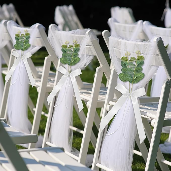 26 Sets of Wedding Aisle Decorations, White Tulle Chair Sashes with Bow Ribbons and Artificial Eucalyptus Stems for Church Pews, Wedding Ceremony Chair Decor