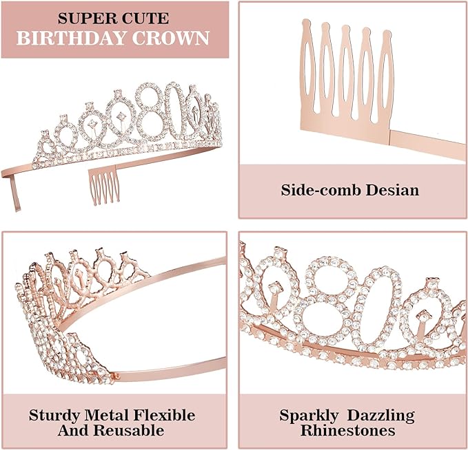 80th Birthday Decorations for Women, Including 80th Birthday Sash and Crown, Cake Topper and Candles, 80 Year Old Gifts for Women