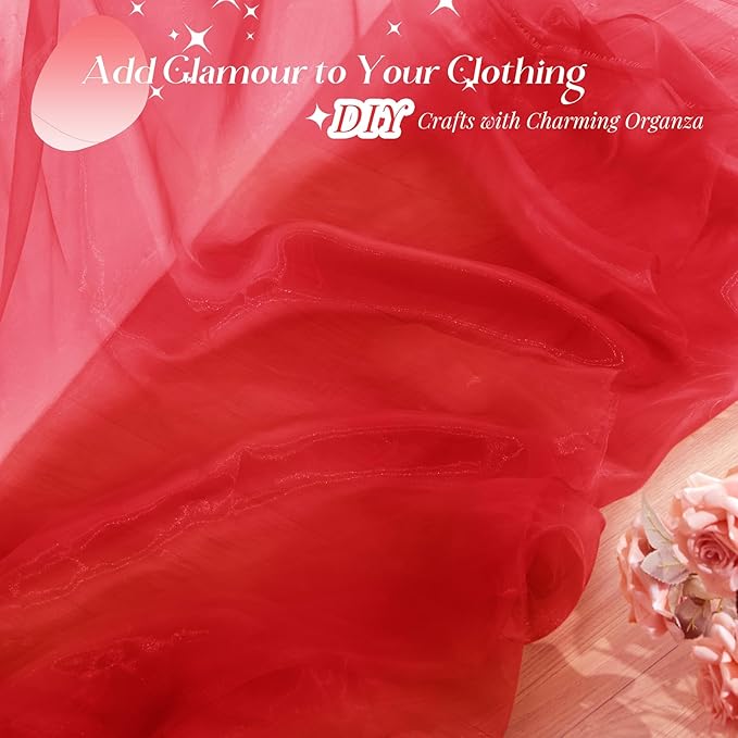 P Pothuiny Sheer Organza Fabric by The Yard, 1 Yard x 60 Inch Wide Bridal Red Organza Tulle Fabric Roll Shiny Gauze Fashion Dress Sewing Craft for Wedding Party Decorations Backdrop