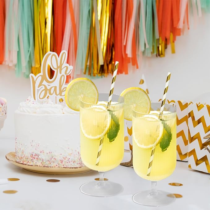 7.75 inch Gold/White Striped Paper Straws for Drinking 100 Counts for Bar, Restaurant, Wedding, Party - Unwrapped