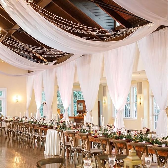 Ceiling Drapes Wedding Arch Draping Fabric White 5FTx20FT 2 Panels Arch Decorations for Ceremony Chiffon Drapery for Arbor Chiffon Backdrop Voile Sheer Curtains for Party Tent Ceiling Drape Outdoor
