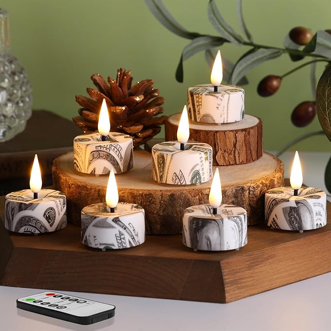 Eywamage Patriotic Flameless Tealights with Remote Batteries, Flickering US Dollar LED Tea Votive Candles Set of 12