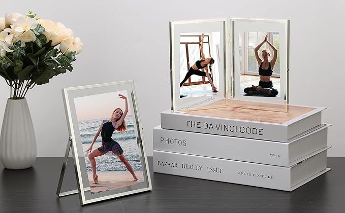 Silver 4x6'' Floating Frame Set of 2,For Photo Sizes (2x3'',3.5x 5''),Silver Plated Metal Double Frames 4x6'' for Tabletop/Shelf Photo Frame,Wedding,Birthady,or Office Decoration Frame