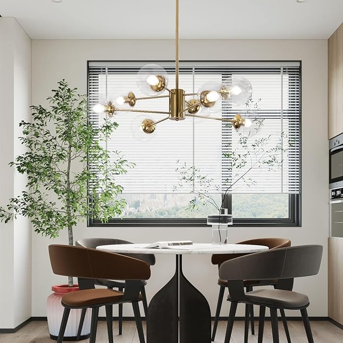 KCO Lighting Modern Sputnik Chandelier 8-Light Clear Glass Globe Ceiling Pendant Light Mid Century Brass Flush Mounted Fixture Kitchen Island (Gold+Clear)