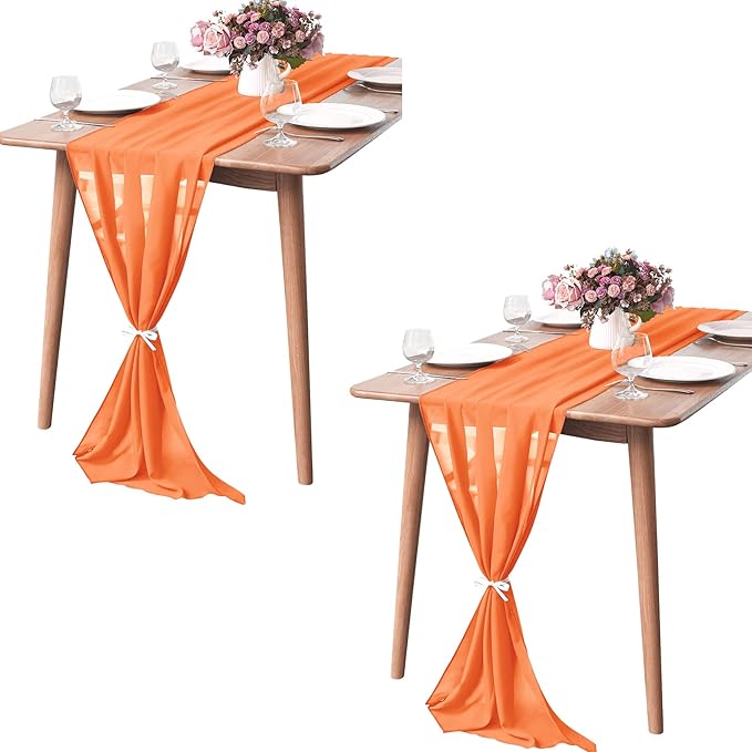 2 Pack 10Ft Chiffon Orange Table Runner Sheer 29x120 Inch for Romantic Wedding Decor Bridal & Baby Shower Birthday Rustic Party Decoration