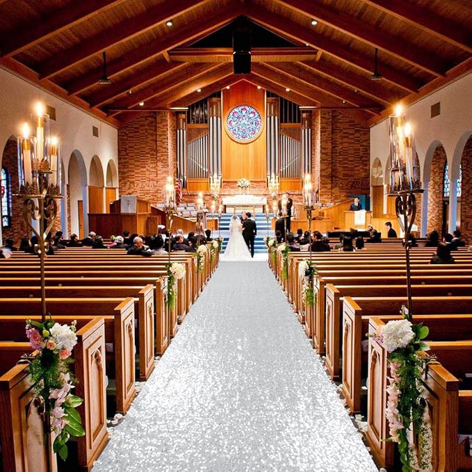 ShinyBeauty Silver Runner (4FTx15FT) Sequin Aisle Runner for Wedding Ceremony