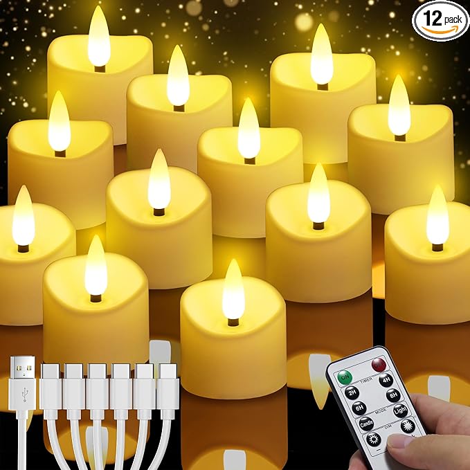 YiaMia Rechargeable Tea Lights with Remote, Flameless LED Candle with 24H Cycle Timer, Battery Operated Tea Lights for Votive, Weddings, Parties, Halloween, Christmas, Home Decoration (12)