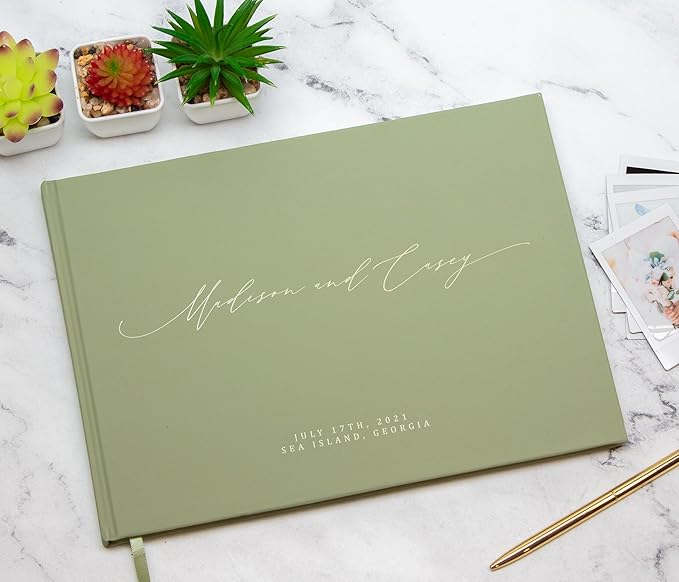 MUUJEE Personalized Guestbook in Sage - Premium Custom Modern Guest Book for Wedding Reception, Birthday Party or Events w/Bookmark Blank Pages for Signing 11.5 x 8.5 inches