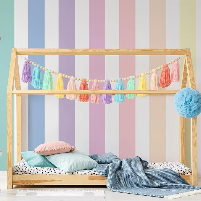 Pastel Rainbow Boho Tassel Garland Wall Hanging with Wood Beads for Baby Shower Birthday Party Classroom Dorm Nursery Decor