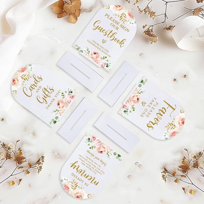 4 Pcs Acrylic Wedding Signs for Reception, Bridal Shower Decorations, Cards and Gifts Signs, Guest Book Sign, Arch Acrylic Table Top Sign with Holder for Wedding Reception (White Pink Flowers)