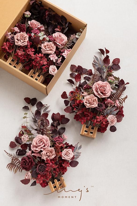 Ling's Moment 17.5" Tall Free Standing Artificial Flowers Arrangements 4 pcs Wedding Aisle Runner Chair Decorations Burgundy & Dusty Rose for Ceremony Reception Rose Floral Party Outdoor Centerpieces