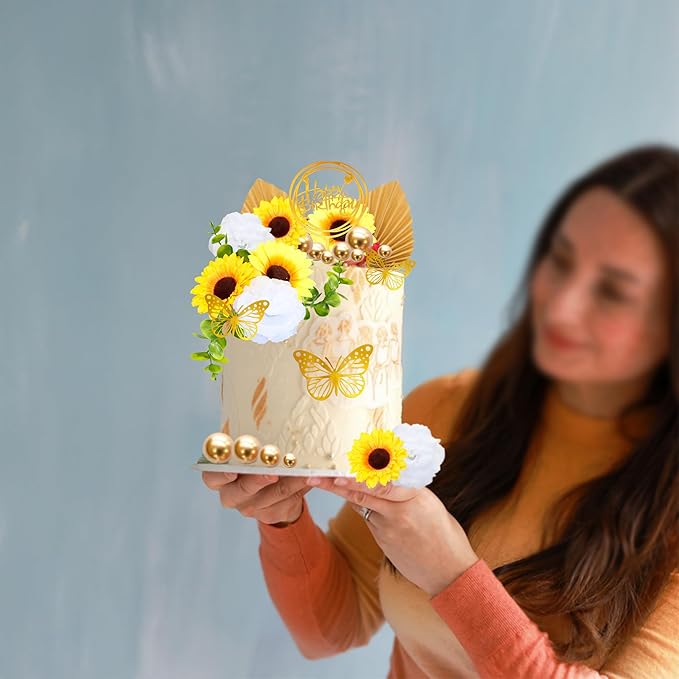 Gyufise 54Pcs Artificial Sunflower Cake Decorations Acrylic Happy Birthday Cake Topper Butterfly Balloon Cake Toppers for DIY Wedding Birthday Valentine's Day Party Supplies Yellow
