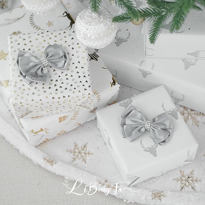 Silver Satin Bows 4'' Premade Ribbon Bow, Silver Gift Bows with Rhinestone, Wrapping Bows for Presents, Greeting Cards, Treat Bags, Wine Bottles, Valentines Bows for Gift Wrapping-12 Counts